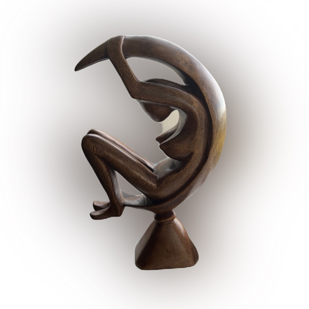 Vintage Hand-Carved Suar Wood Abstract Moon Goddess Sculpture - Balinese Art - Picture 2 of 11